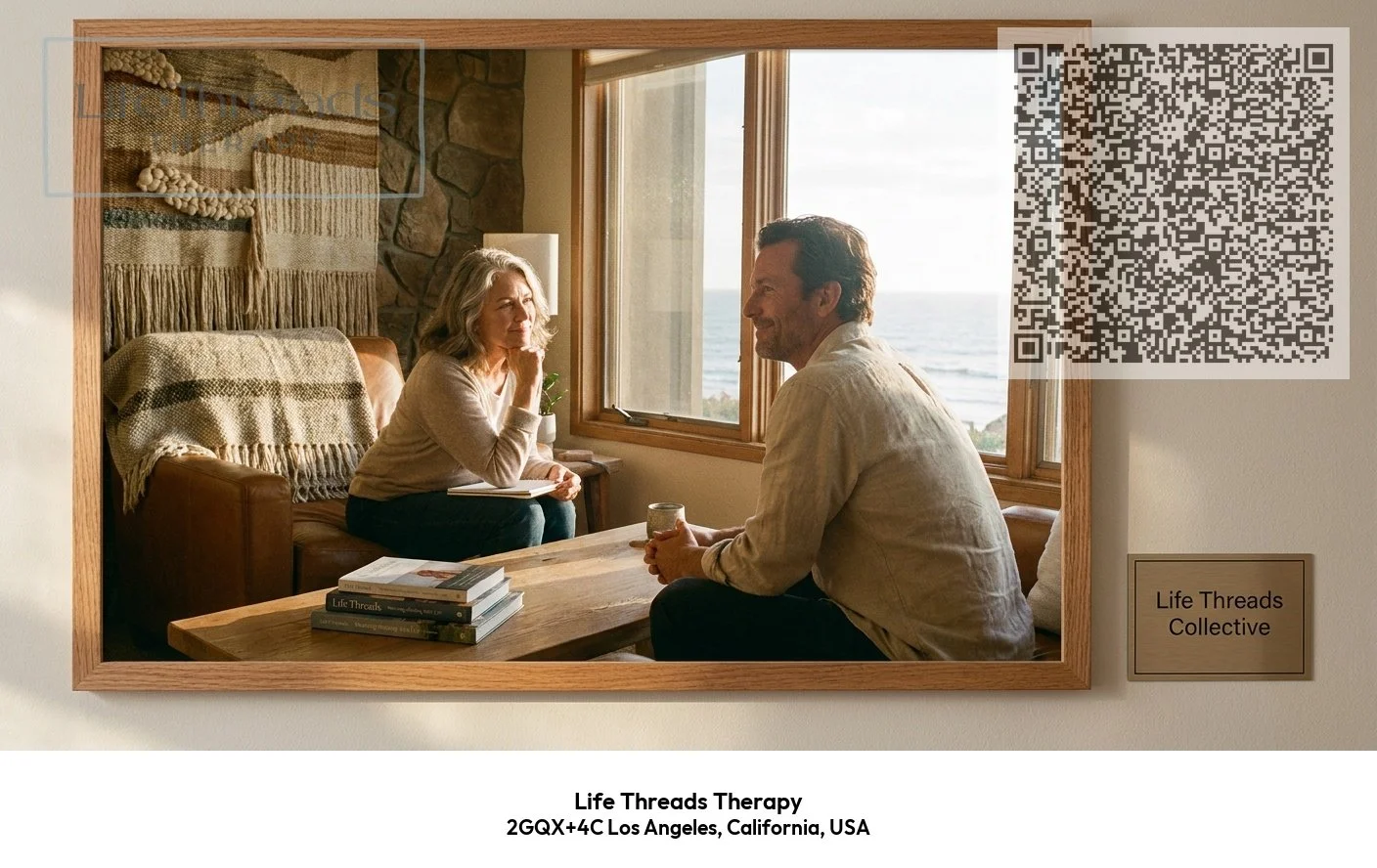 Life Threads Therapy psychodynamic therapy practice card with logo and QR code